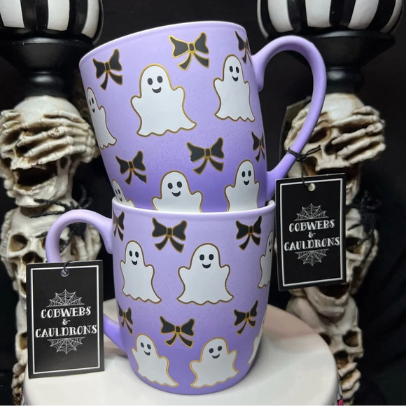 Cobwebs & Cauldrons Halloween Purple Ombre White Ghost Black Bow Coffee Mugs - Picture 2 of 12